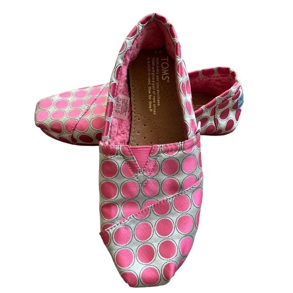 Toms Pink Polka Dot Fleece Lined Slip on Flat Shoes Youth Girls Size 3 EUC - Picture 5 of 7